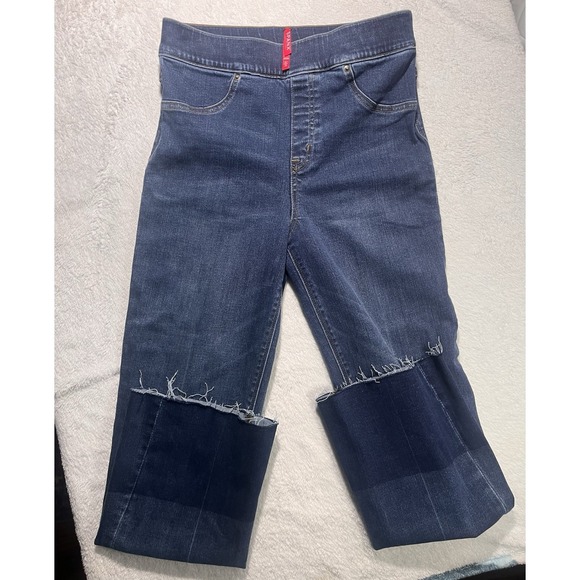 SPANX Denim - Spanx High Rise Pull On Flare Jeans Raw Hem Stretch Medium M Shaping